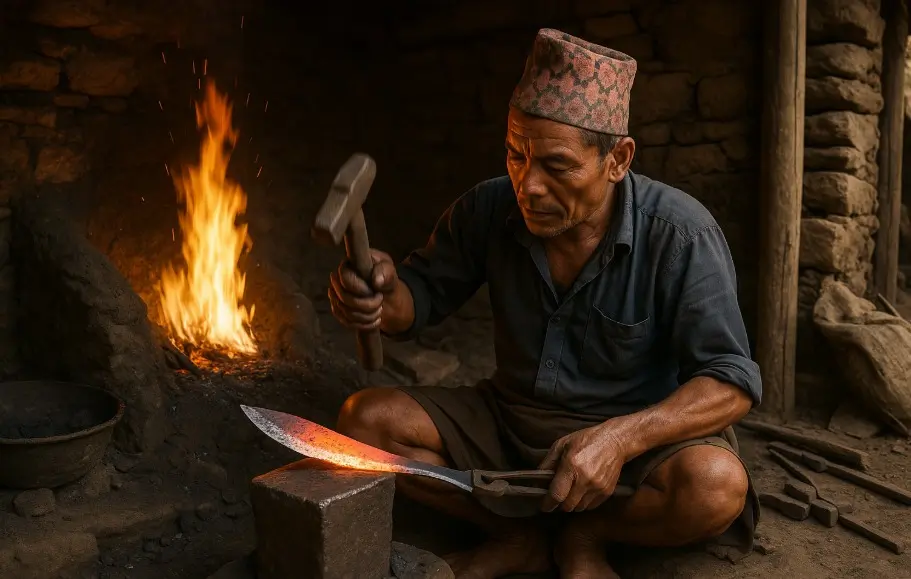 Nepali artisan handcrafting a kukri knife blade